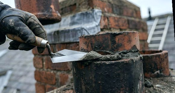 Dressing fresh mortar around a chimney pot in Medford