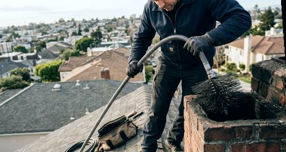 Lowering sweep rods into a Medford flue from the ridge