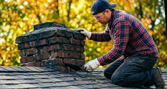 Truing brick courses on a weathered Medford stack